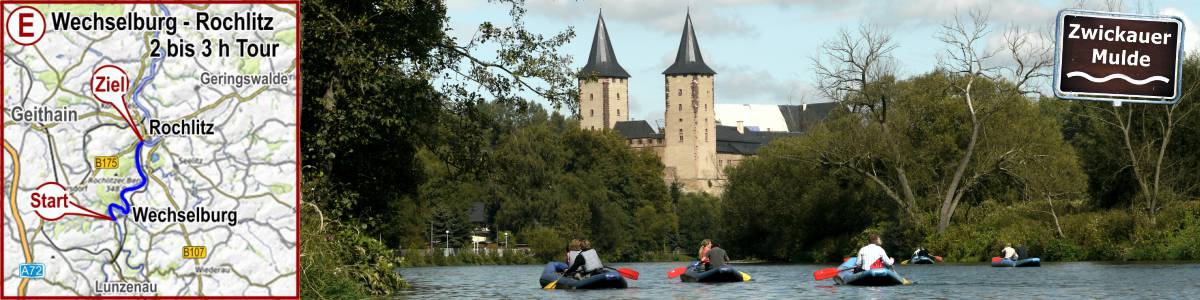 Kanuvermietung Bootsverleih Paddelstrecke E Wechselburg nach Rochlitz auf dem Fluss Zwickauer Mulde