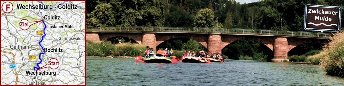 Kanuvermietung Bootsverleih Paddelstrecke F Wechselburg über Rochlitz bis Colditz auf dem Fluss Zwickauer Mulde